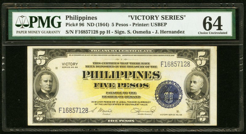 Philippines Victory Series Treasury Certificate 5 Pesos ND (1944) Pick 96 PMG Ch...