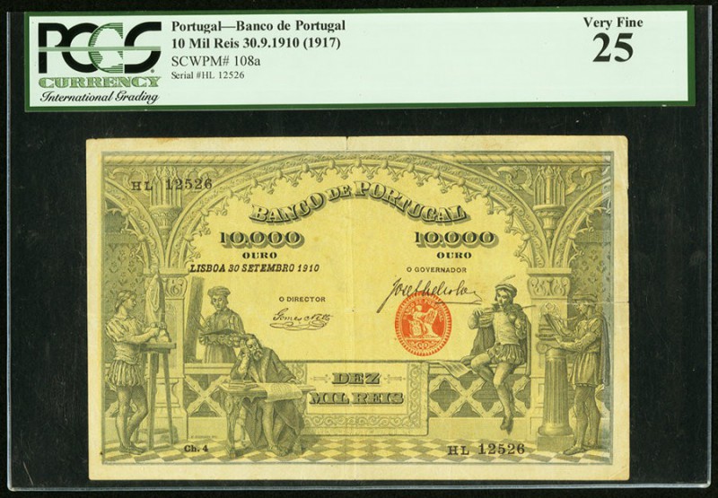 Portugal Banco de Portugal 10 Mil Reis 30.9.1910 Pick 108a PCGS Very Fine 25. Sm...