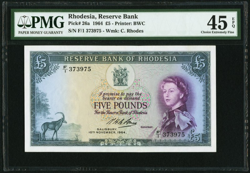 Rhodesia Reserve Bank of Rhodesia 5 Pounds 10.11.1964 Pick 26a PMG Choice Extrem...