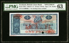 Scotland British Linen Bank 1 Pound 4.5.1964 Pick 166cs Specimen PMG Choice Uncirculated 63. One POC; previously mounted.

HID09801242017