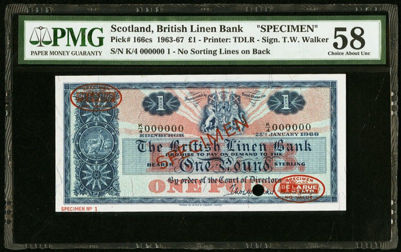 Scotland British Linen Bank 1 Pound 25.1.1966 Pick 166cs Specimen PMG Choice Abo...