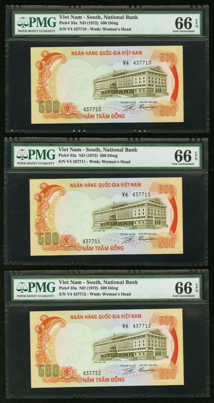 South Vietnam National Bank of Viet Nam 500 Dong ND (1972) Pick 33a Three Consec...