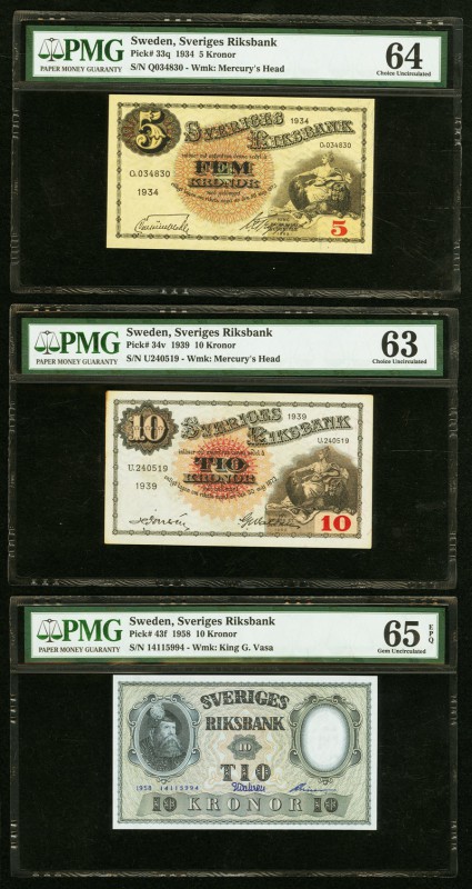 Sweden Sveriges Riksbank 5; 10 (2) Kronor 1934; 1939; 1958 Pick 33q; 34v; 43f Th...