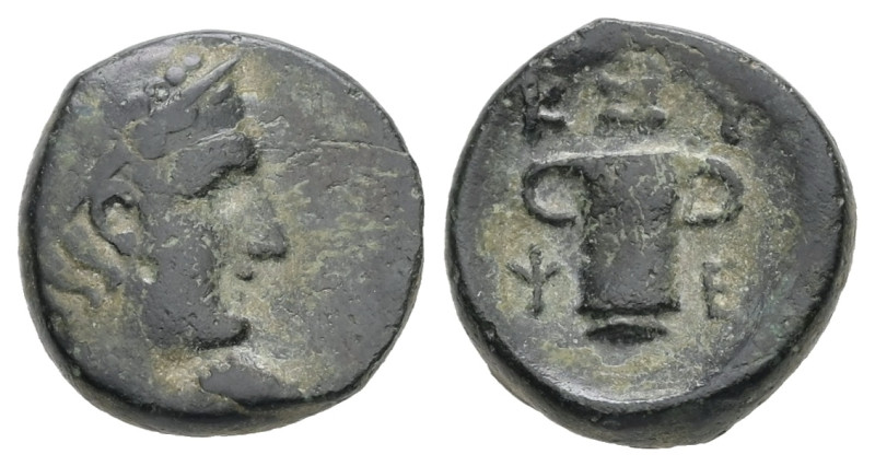 Thrace, Kypsela. Ae, 2.19 g. - 12.59 mm. Circa 420-380 BC.
Obv.: Head of Hermes,...