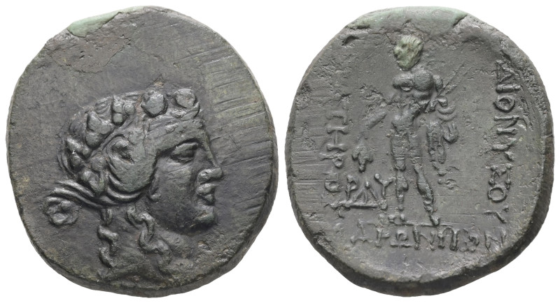 Thrace, Maroneia. Ae, 10.90 g 29.19 mm. 1st century BC.
Obv: Head of Dionysos ri...