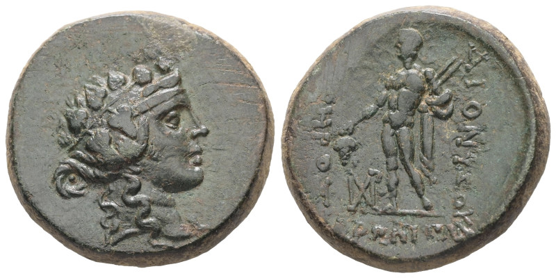 Thrace, Maroneia. Ae, 14.07 g 26.53 mm. 1st century BC.
Obv: Head of Dionysos ri...