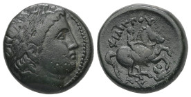 Kings of Thrace, Lysimachos. Ae, 6.55 g 17.33 mm. 305-281 BC. In the Name and Types of Philip II of Macedon. Lysimacheia.
Obv: Diademed head of Apollo...