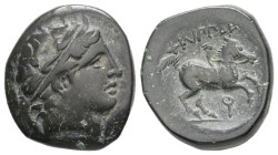 Kings of Macedon. Philip II. Ae, 5.95 g 18.48 mm. 359-336 BC. Uncertain mint in Macedon.
Obv: Head of Apollo right, wearing tainia.
Rev: ΦΙΛΙΠΠΟΥ. You...