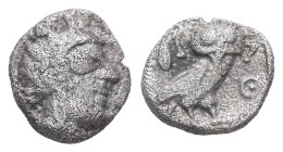 Attica, Athens. AR Obol, 0.58 g. - 8.91 mm. Circa 454-404 BC.
Obv.: Helmeted head of Athena right.
Rev.: AΘE, Owl standing right, head facing; olive s...