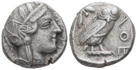 Attica, Athens. AR Tetradrachm, 16.86 g 24.20 mm. Circa 454-404 BC.
Obv: Helmeted head of Athena right, with frontal eye.
Rev: AΘE. Owl standing right...