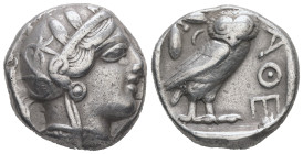 Attica, Athens. AR Tetradrachm, 17.05 g 22.99 mm. Circa 454-404 BC.
Obv: Helmeted head of Athena right, with frontal eye.
Rev: AΘE. Owl standing right...