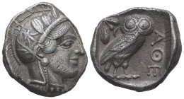 Attica, Athens. AR Tetradrachm, 16.98 g 25.15 mm. Circa 454-404 BC.
Obv: Helmeted head of Athena right, with frontal eye.
Rev: AΘE. Owl standing right...