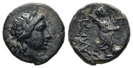 Troas, Alexandria. Ae, 1.91 g 13.14 mm. 301-281 BC.
Obv: Laureate head of Apollo right.
Rev: ΑΛΕΞ, Apollo Smintheus advancing right, quiver over shoul...