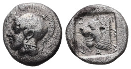 Troas, Assos. AR Hemidrachm, 1.68 g 12.76 mm. Mid-late 5th century BC.
Obv: Helmeted head of Athena left.
Rev: AΣΣION, Head of lion left within incuse...