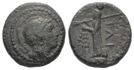 Troas, Ilion. Ae, 5.20 g 17.15 mm. Circa 301-281 BC. 
Obv: Laureate and helmeted head of Athena right 
Rev: IΛI, Athena Ilias standing left on base pr...