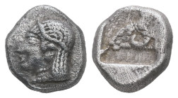 Troas, Kebren. AR Diobol, 1.21 g 9.56 mm. Circa 450 BC.
Female head to left, wearing disc earring and necklace, her hair bound with a band
Rev: Ram's ...