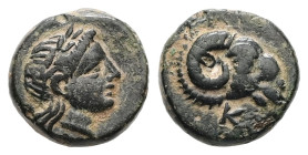 Troas, Kebren. Ae, 0.98 g. - 9.37 mm. Circa 387-310 BC.
Obv.: Laureate head of Apollo right.
Rev.: Ram’s head right; K below.
Ref.: SNG München 287; S...