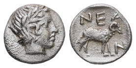 Troas, Neandria. AR Hemiobol, 0.53 g 9.30 mm. 4th century BC.
Obv: Laureate head of Apollo right.
Rev: NEA N, Ram standing right within incuse square....