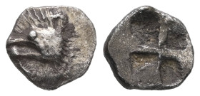 Mysia, Kyzikos. AR Hemiobol, 0.42 g. - 8.90 mm. c. 550-480 BC.
Obv.: Head of a tunny to left, holding fish in mouth.
Rev.: Quadripartite incuse square...