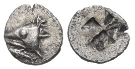 Mysia, Kyzikos. AR Hemiobol, 0.45 g 9.19 mm. Circa 550-500 BC. 
Obv: Head of tunny fish to left; small tunny fish below. 
Rev: Quadripartite incuse sq...