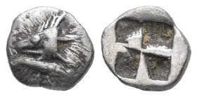 Mysia, Kyzikos. AR Hemiobol, 0.47 g 8.28 mm. Circa 550-500 BC. 
Obv: Head of tunny fish to left; small tunny fish below. 
Rev: Quadripartite incuse sq...