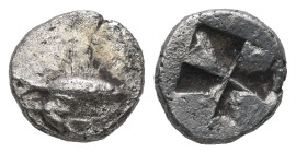 Mysia, Kyzikos. AR Hemiobol, 0.49 g 8.52 mm. Circa 550-500 BC.
Obv: Tunny right; below, lotus flower.
Rev: Quadripartite incuse punch.
Ref:Leu Web Auc...