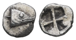 Mysia, Kyzikos. AR Hemiobol, 0.50 g. - 8.39 mm. c. 600-550 BC.
Obv.: Tunny fish head to right
Rev.: Quadripartite incuse square.
Ref.: Von Fritze II, ...