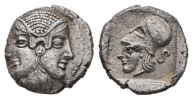 Mysia, Lampsakos. AR Obol, 0.83 g 11.30 mm. Circa 500-450 BC.
Obv: Janiform female head.
Rev: Helmeted head of Athena left; S or serpent to right; all...