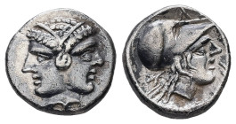 Mysia, Lampsakos. AR Diobol, 1.41 g 11.88 mm. 4th-3rd centuries BC.
Obv: Janiform female head.
Rev: ΛΑΜΨ. Helmeted head of Athena right within incuse ...