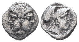 Mysia, Lampsakos. AR Diobol, 1.17 g 12.24 mm. 4th-3rd centuries BC.
Obv: Janiform female head.
Rev: [ΛΑΜΨ]. Helmeted head of Athena right within incus...