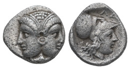 Mysia, Lampsakos. AR Diobol, 1.26 g 11.95 mm. 4th-3rd centuries BC.
Obv: Janiform female head.
Rev: ΛΑΜΨ. Helmeted head of Athena right within incuse ...