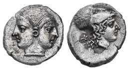 Mysia, Lampsakos. AR Diobol, 1.48 g 12.34 mm. 4th-3rd centuries BC.
Obv: Janiform female head.
Rev: ΛΑΜΨ. Helmeted head of Athena right within incuse ...