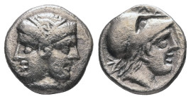 Mysia, Lampsakos. AR Diobol, 1.11 g 11.43 mm. 4th-3rd centuries BC.
Obv: Janiform female head.
Rev: ΛΑΜΨ. Helmeted head of Athena right within incuse ...