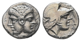 Mysia, Lampsakos. AR Diobol, 1.42 g 11.59 mm. 4th-3rd centuries BC.
Obv: Janiform female head.
Rev: ΛΑΜΨ. Helmeted head of Athena right within incuse ...