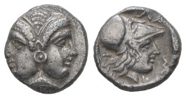 Mysia, Lampsakos. AR Diobol, 1.29 g 11.44 mm. 4th-3rd centuries BC.
Obv: Janiform female head.
Rev: ΛΑΜΨ. Helmeted head of Athena right within incuse ...