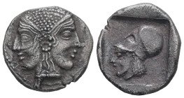 Mysia, Lampsakos. AR Drachm, 4.63 g 18.41 mm. Circa 500-450 BC.
Obv: Janiform female head.
Rev: Helmeted head of Athena left within incuse square.
Ref...