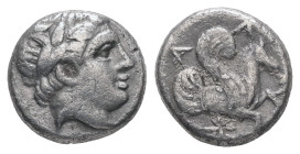 Mysia. Lampsakos. AR Diobol, 1.12 g 10.10 mm. 4th-3rd century BC.
Obv: Laureate head of Apollo right.
Rev: ΛΑΜ. Forepart of Pegasos right; star below....