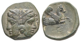 Mysia, Lampsakos. Ae, 3.88 g 16.59 mm, 4th Century BC
Obv: ΛAM, janiform female head wearing tania and earring 
Rev: [ΨA], forepart of winged horse Pe...