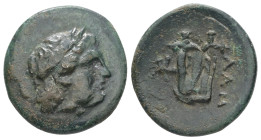 Mysia, Lampsakos. Ae, 4.44 g. - 20.45 mm. ca. 2nd-1st century BC.
Obv.: Laureate head of Apollo to right.
Rev.: ΛΑΜ. Kithara (Lyre); in field to left,...