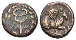 Mysia, Lampsakos. Ae, 2.30 g 12.80 mm. Circa 2nd-1st centuries BC. 
Obv: ΛΑΜ, Kerykeion within olive wreath. 
Rev: ΛΑΜΨ, Forepart of Pegasos right.; h...