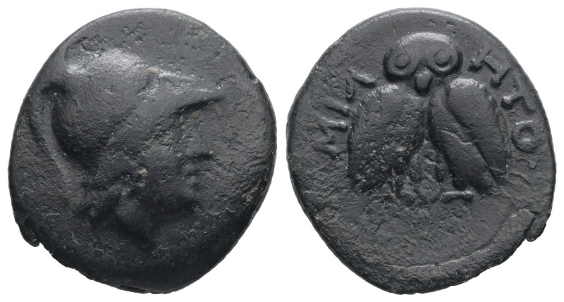 Mysia, Miletopolis. Ae 4.66 g. - 20.04 mm. 2nd-1st centuries BC.
Obv.: Helmeted ...