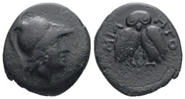 Mysia, Miletopolis. Ae 4.66 g. - 20.04 mm. 2nd-1st centuries BC.
Obv.: Helmeted head of Athena to right, wearing crested Corinthian helmet.
Rev.: MIΛΗ...