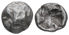 Mysia?, Uncertain mint (Parion?).AR Drachm, 3.74 g 13.40 mm. 5th century BC.
Obv: Square on irregular elevation
Rev: Rough, quadripartite incuse squar...