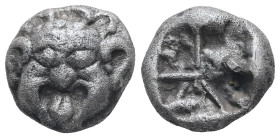 Mysia, Parion. AR Drachm, 3.80 g. – 11.68 mm. 5th century BC.
Obv.: Facing gorgoneion with protruding tongue.
Rev.: Disorganized linear pattern within...