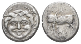 Mysia, Parion. AR Hemidrachm, 2.30 g 13.51 mm. 4th century BC.
Obv: Facing gorgoneion within incuse circle.
Rev: ΠΑ / ΡΙ, Bull, with head right, stand...