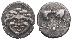 Mysia, Parion. AR Hemidrachm, 1.89 g 14.66 mm. 4th century BC.
Obv: Facing gorgoneion.
Rev: ΠΑ / ΡΙ. Bull standing left, head right; scallop shell bel...