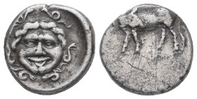 Mysia, Parion. AR Hemidrachm, 2.26 g 13.29 mm. 4th century BC.
Obv: Facing gorgoneion within incuse circle.
Rev: ΠΑ / ΡΙ, Bull, with head right, stand...