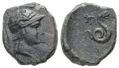 Mysia, Pergamon, Philetairos. Ae, 3.32 g. - 16.37 mm. 200-133 BC.
Obv.: Helmeted head of Athena right.
Rev.: ΦΙΛΕΤΑΙΡΟΥ, Coiled snake, head standing r...