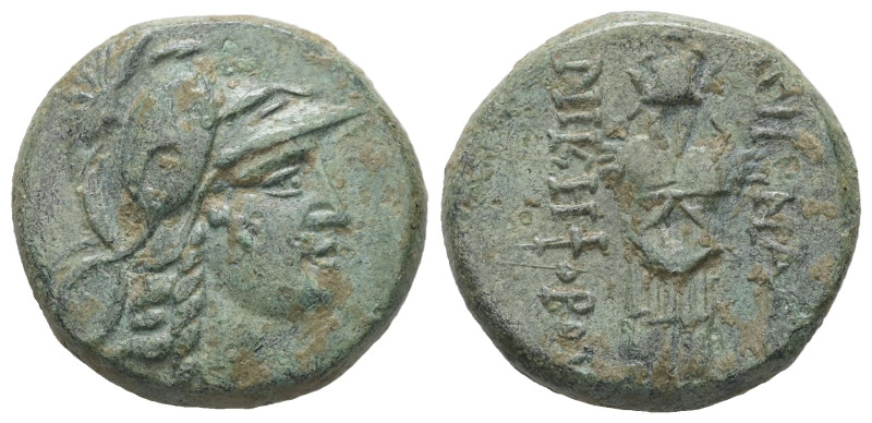 Mysia, Pergamon. Ae, 8.15 g 20.30 mm. Mid-late 2nd century BC.
Obv: Helmeted hea...