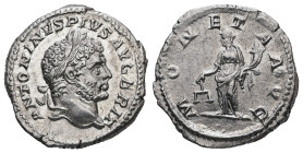 Caracalla, AD 198-211. AR, Denarius. 3.40 g. 18.89 mm. Rome.
Obv: ANTONINVS PIVS AVG BRIT. Head of Caracalla, laureate, bearded, right.
Rev: MONETA AV...